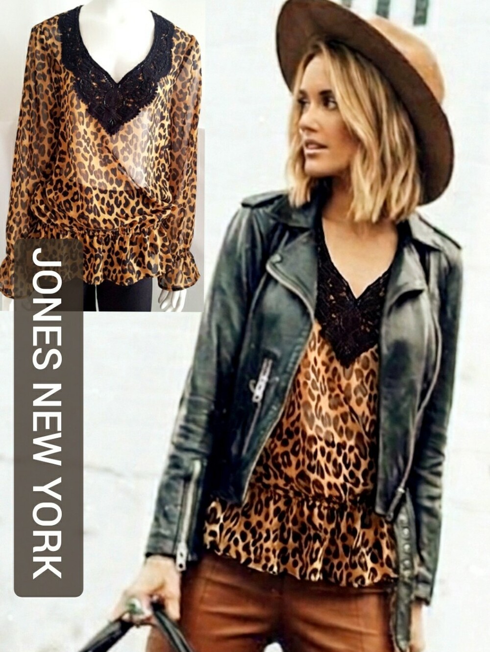 Jones New York🏜Leopard Print Sheer Top| Embellished Neckline